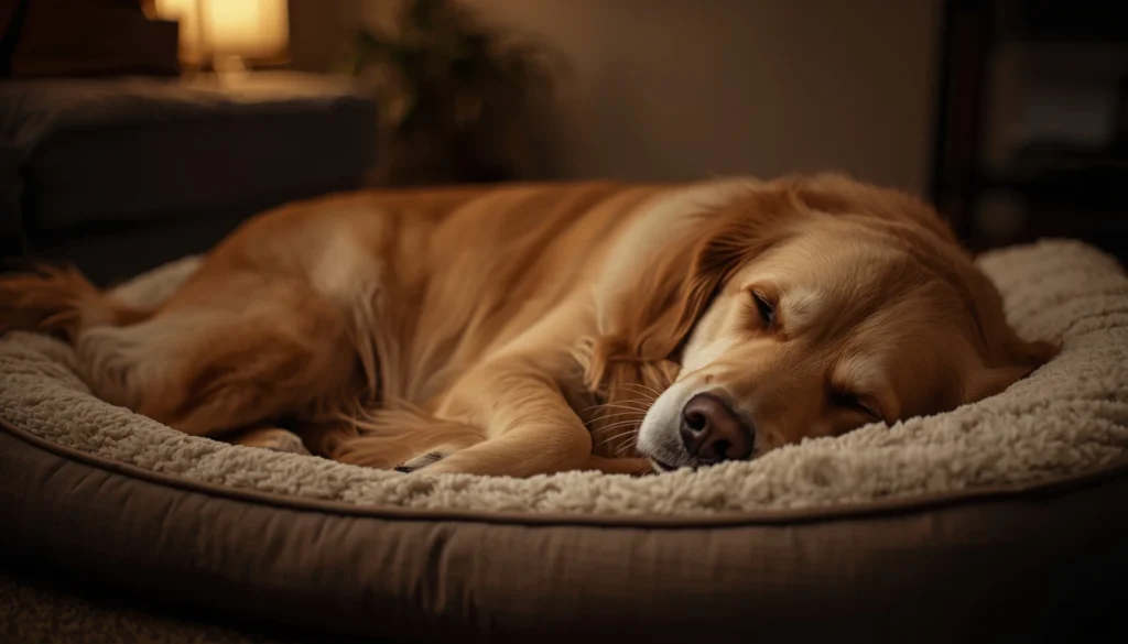 Golden retriever sleeping calmly on a soft dog bed at night, showing relaxed behavior after reducing night anxiety in dogs.