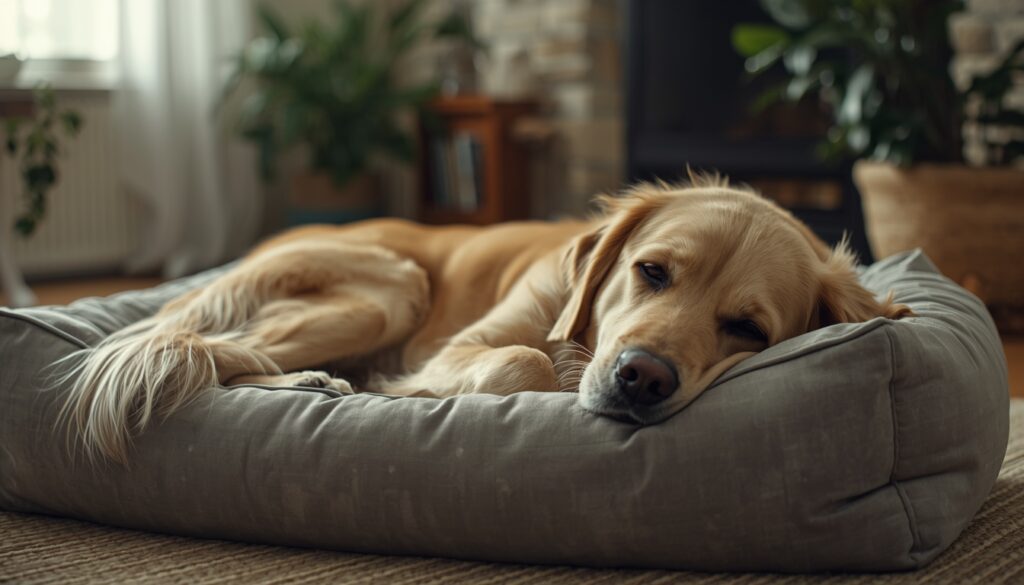 Golden retriever lying peacefully on a soft dog bed at home, showing recovery from travel anxiety and calm behavior after returning home.