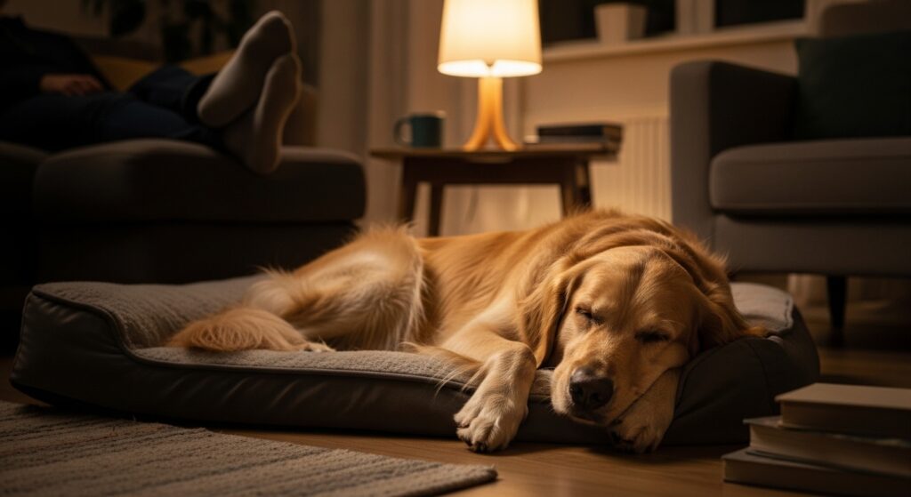 Golden retriever sleeping peacefully on a dog bed in a calm home after fully settling in over three months