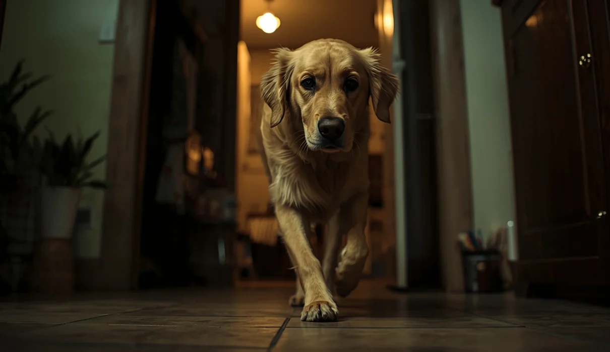 Golden retriever walking restlessly indoors at night, showing signs of dog anxiety and difficulty settling during nighttime.