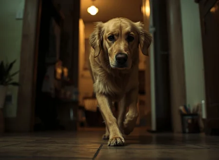 Golden retriever walking restlessly indoors at night, showing signs of dog anxiety and difficulty settling during nighttime.