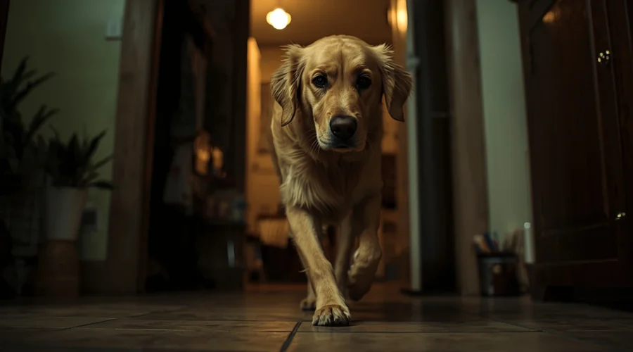 Golden retriever walking restlessly indoors at night, showing signs of dog anxiety and difficulty settling during nighttime.