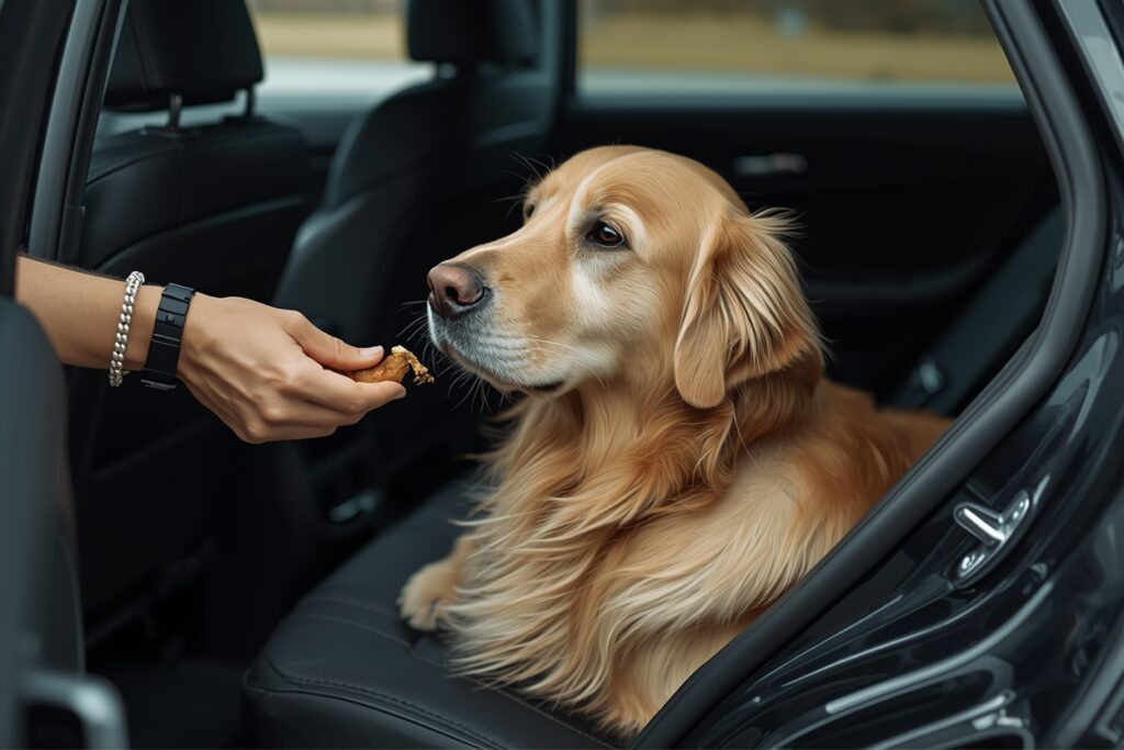 Golden retriever calmly sitting in the back seat of a car while receiving a treat from the owner to build positive car ride associations.