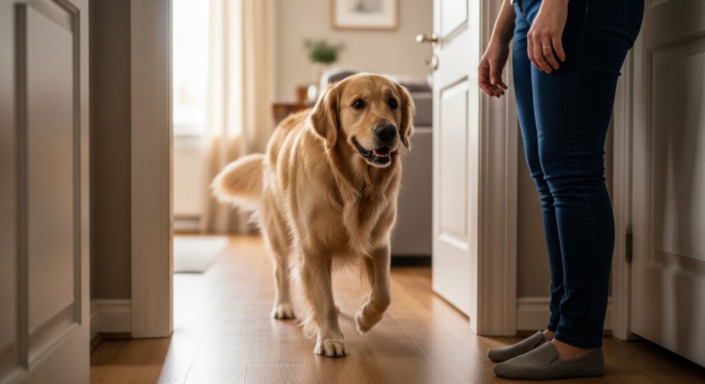 Golden retriever walking toward its owner inside the home as trust and comfort begin to build after a few weeks