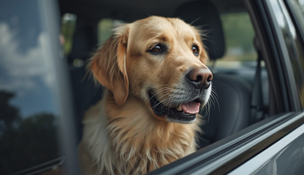 Golden retriever sitting inside a car looking slightly anxious during a ride, representing dog travel anxiety and stress in the car.