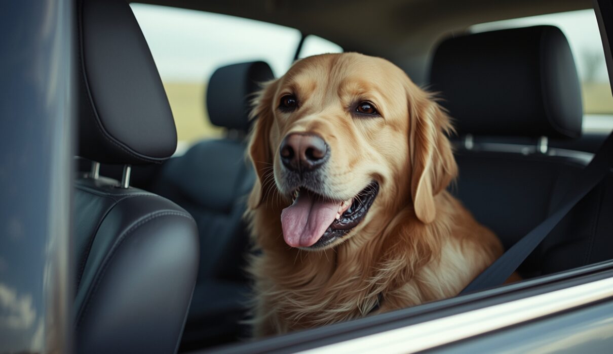 Golden retriever sitting inside a car seat, panting and looking slightly uneasy during travel, showing early signs of dog car anxiety or motion sickness.