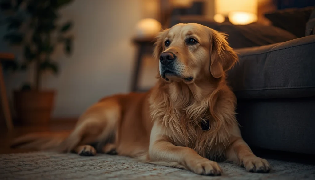 Golden retriever lying on the floor in a softly lit room at night, looking alert and slightly anxious, showing early signs of night anxiety in dogs.