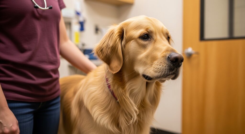 Golden retriever standing calmly inside a veterinary exam room beside its owner during a stress-free vet visit.