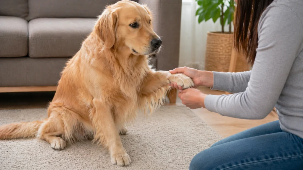 Golden retriever sitting calmly while owner gently holds its paw, showing gradual trust-building during nail trimming training.