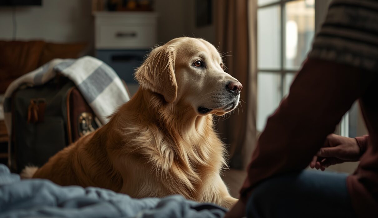 Golden retriever sitting calmly at home near a packed travel bag and blanket while watching the owner prepare for a long journey, showing pre-travel routine for anxious dogs.