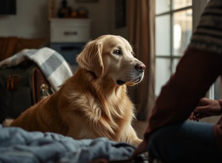 Golden retriever sitting calmly at home near a packed travel bag and blanket while watching the owner prepare for a long journey, showing pre-travel routine for anxious dogs.
