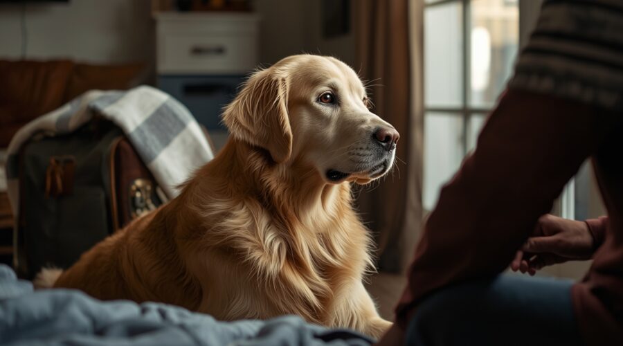 Golden retriever sitting calmly at home near a packed travel bag and blanket while watching the owner prepare for a long journey, showing pre-travel routine for anxious dogs.