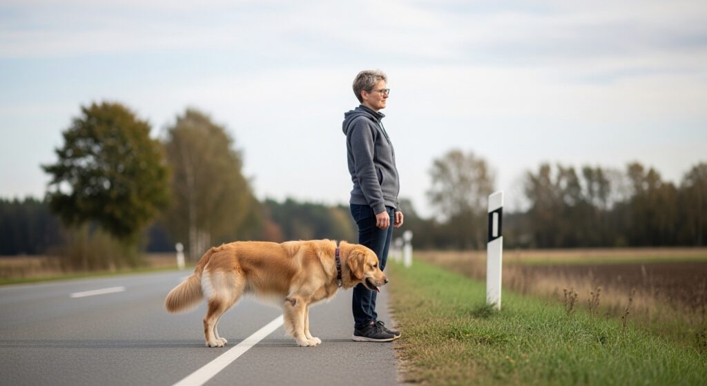 Golden retriever standing calmly with its owner at a quiet roadside stop during travel, showing a pause to help a dog settle before feeding.