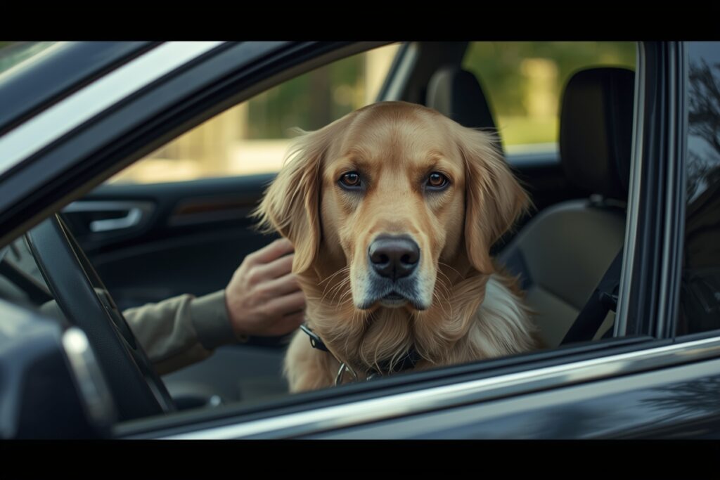 Golden retriever sitting calmly inside a parked car while the owner gently comforts the dog, helping observe signs of anxiety versus motion sickness during car travel.