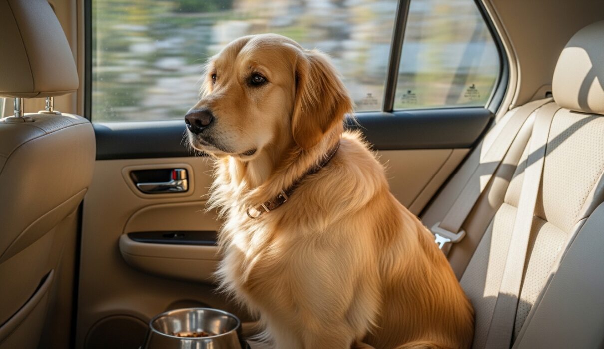 Golden retriever sitting inside a car during a road trip with a food bowl nearby but refusing to eat, showing dog not eating while traveling.