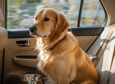 Golden retriever sitting inside a car during a road trip with a food bowl nearby but refusing to eat, showing dog not eating while traveling.