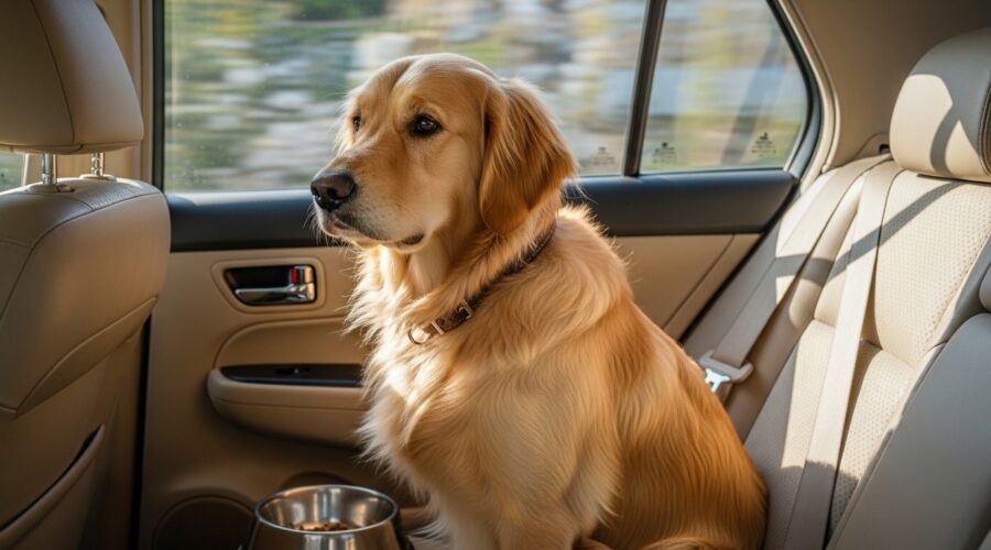 Golden retriever sitting inside a car during a road trip with a food bowl nearby but refusing to eat, showing dog not eating while traveling.