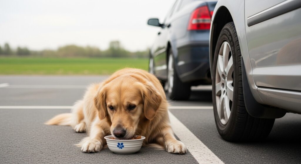 Golden retriever lying near a parked car and calmly eating food from a bowl at a quiet roadside location, showing progress in dog eating during travel.