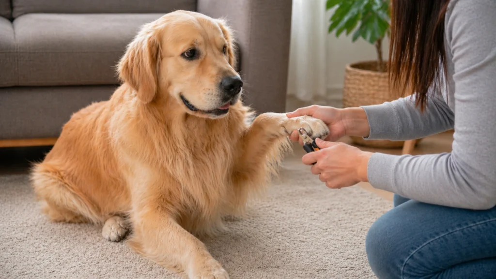 Golden retriever sitting relaxed while owner trims its nails calmly, showing reduced anxiety and trust during grooming.