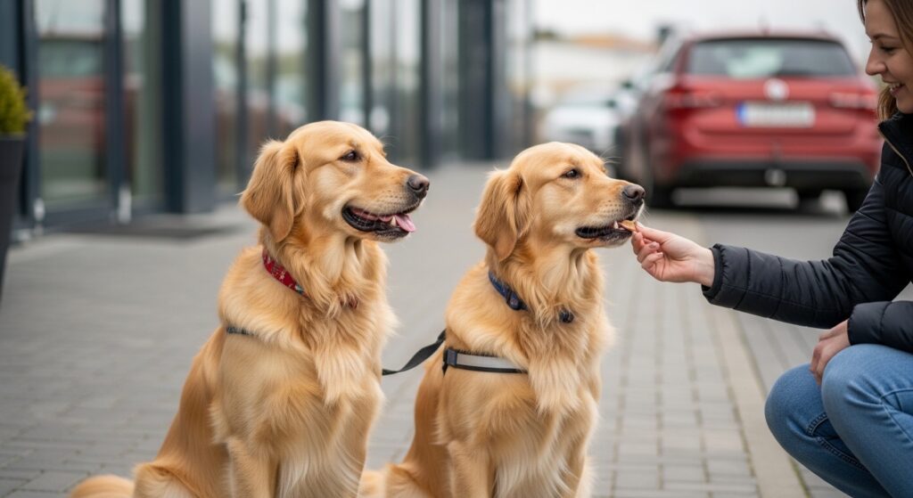 Golden retriever receiving a treat outside a veterinary clinic as part of stress-free vet visit training and confidence building.