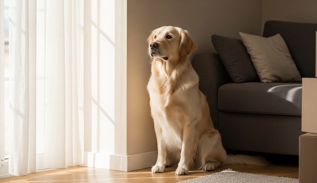 Golden retriever sitting quietly by a window in a new home during the first few days of adjustment and anxiety