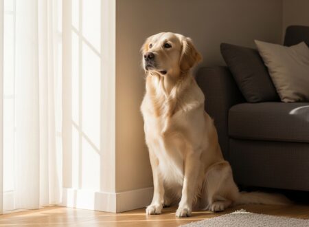 Golden retriever sitting quietly by a window in a new home during the first few days of adjustment and anxiety