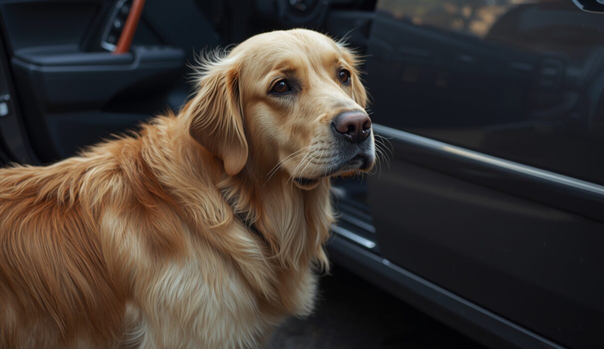Golden retriever standing nervously beside a parked car, looking worried before getting into the vehicle, showing early signs of dog car ride anxiety.