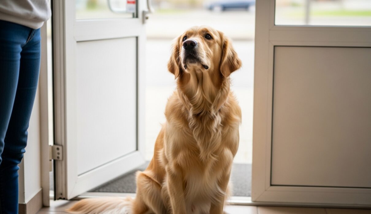 Golden retriever sitting calmly near the entrance of a veterinary clinic, looking up at the owner with slightly anxious but trusting eyes.