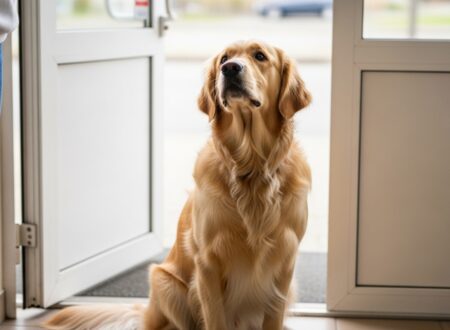 Golden retriever sitting calmly near the entrance of a veterinary clinic, looking up at the owner with slightly anxious but trusting eyes.