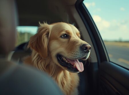Golden retriever sitting inside a moving car during a road trip, panting slightly and looking out the window with alert eyes, showing early signs of dog travel anxiety.