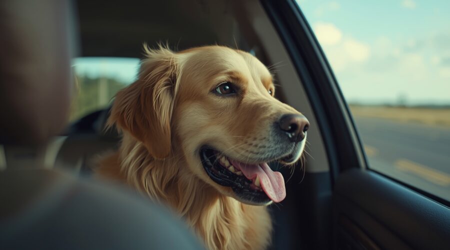 Golden retriever sitting inside a moving car during a road trip, panting slightly and looking out the window with alert eyes, showing early signs of dog travel anxiety.