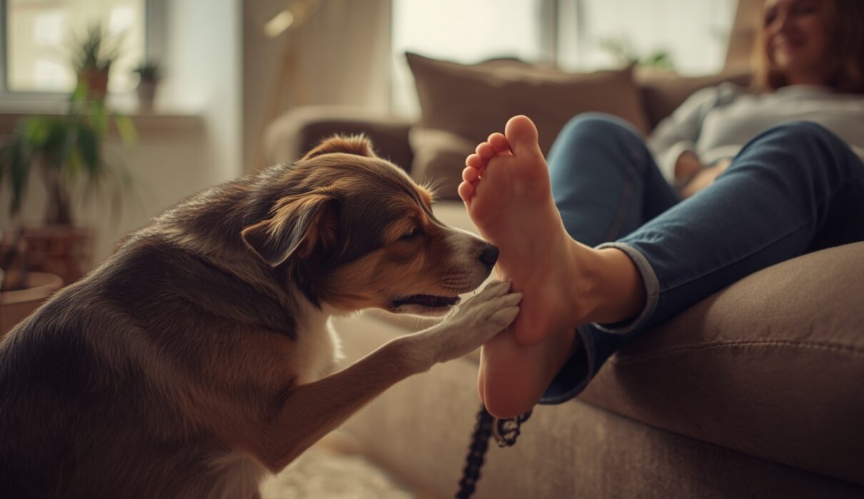 A pet dog gently interacting near its owner’s feet while the owner relaxes on a couch in a cozy living room.