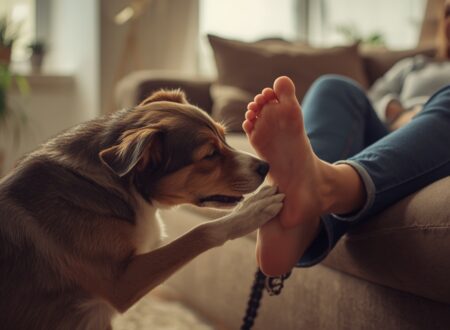 A pet dog gently interacting near its owner’s feet while the owner relaxes on a couch in a cozy living room.