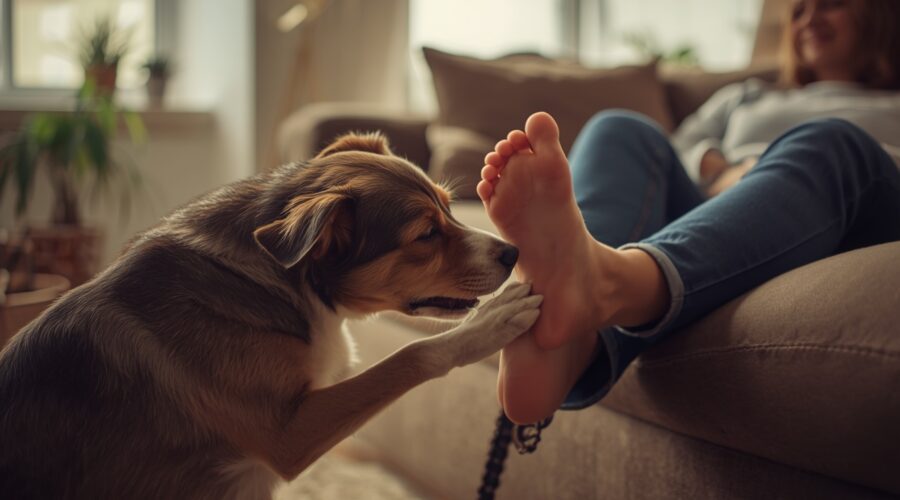 A pet dog gently interacting near its owner’s feet while the owner relaxes on a couch in a cozy living room.