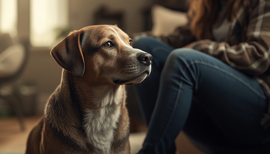 A calm dog sitting indoors while attentively looking toward its owner in a cozy home setting.