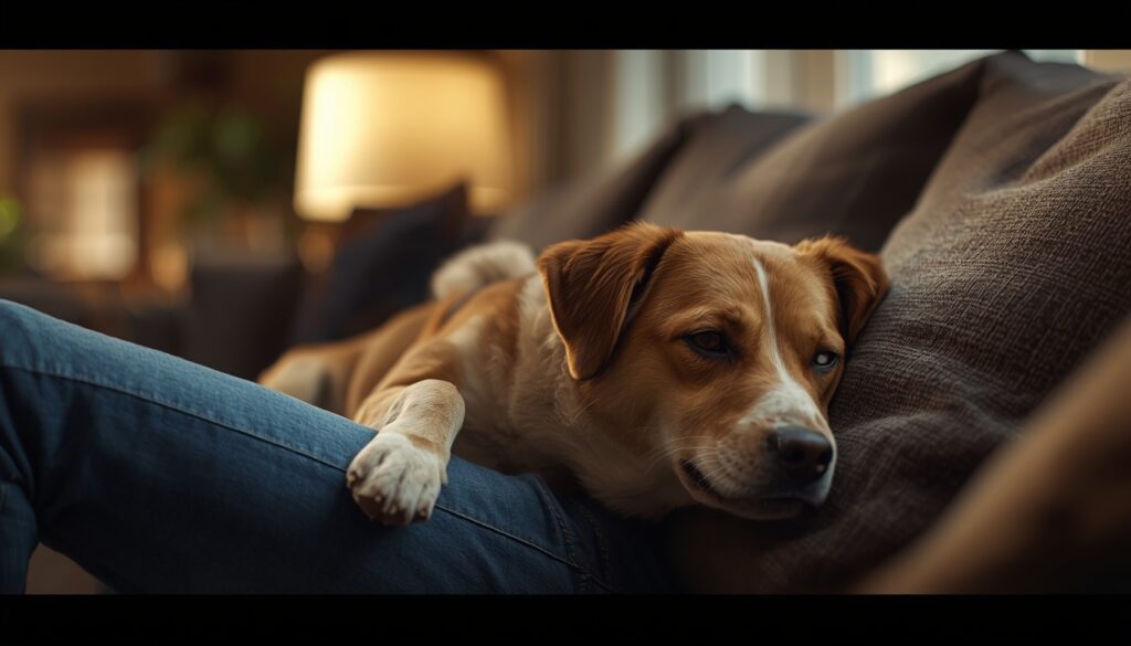 A relaxed pet dog resting closely against its owner indoors in a warm and cozy living room atmosphere.