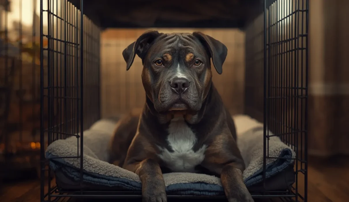 A realistic pet dog resting inside a crate on soft bedding with a calm but slightly unsettled expression in a cozy home setting.