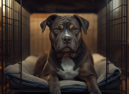 A realistic pet dog resting inside a crate on soft bedding with a calm but slightly unsettled expression in a cozy home setting.