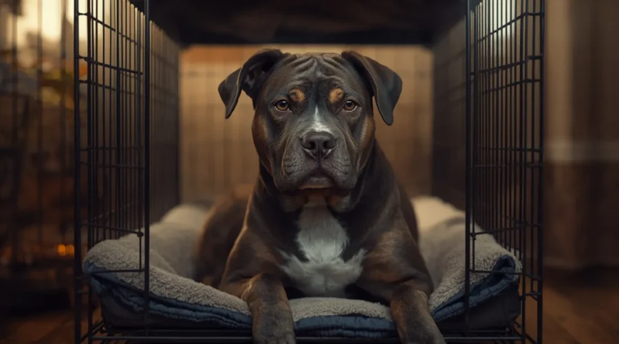 A realistic pet dog resting inside a crate on soft bedding with a calm but slightly unsettled expression in a cozy home setting.