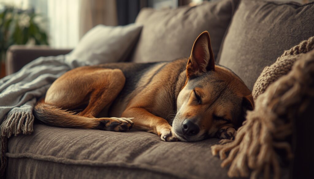 A realistic pet dog sleeping comfortably on a cozy couch indoors, representing normal dog sleep habits and rest.