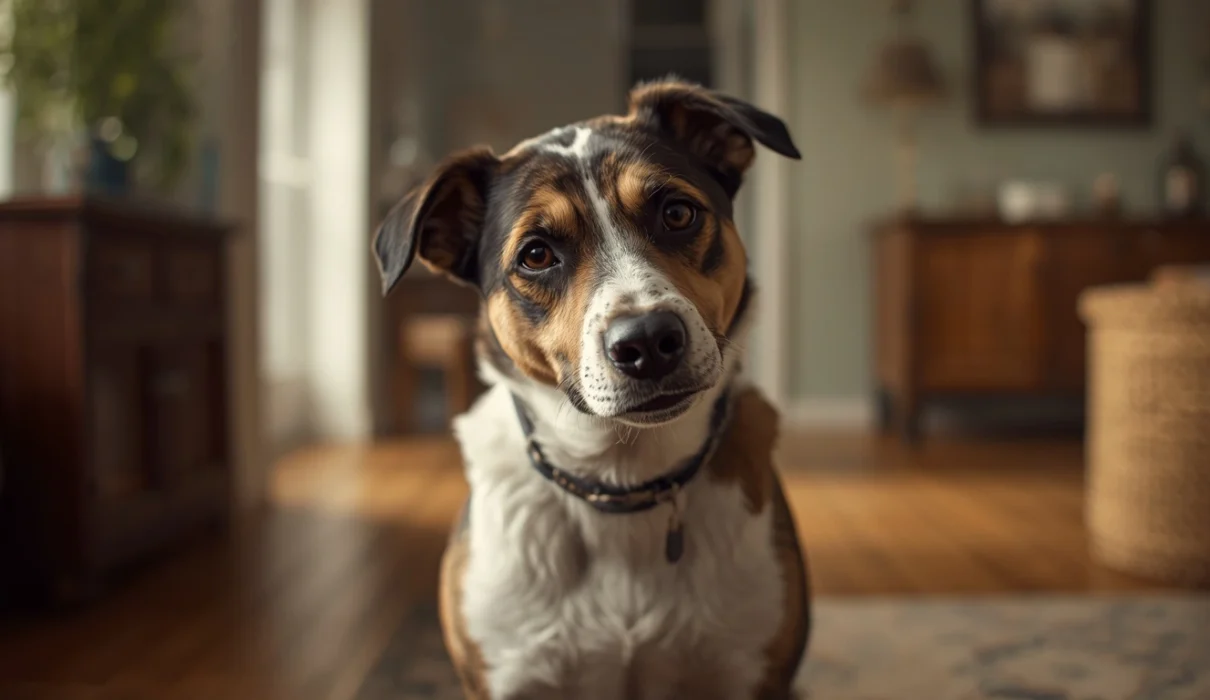 Dog with a slightly tilted head indoors, used for a blog about common reasons dogs keep shaking their head and possible health concerns.
