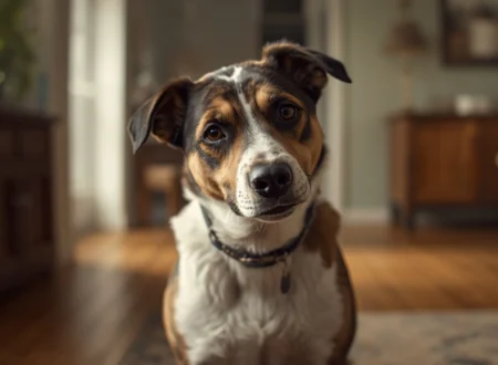 Dog with a slightly tilted head indoors, used for a blog about common reasons dogs keep shaking their head and possible health concerns.