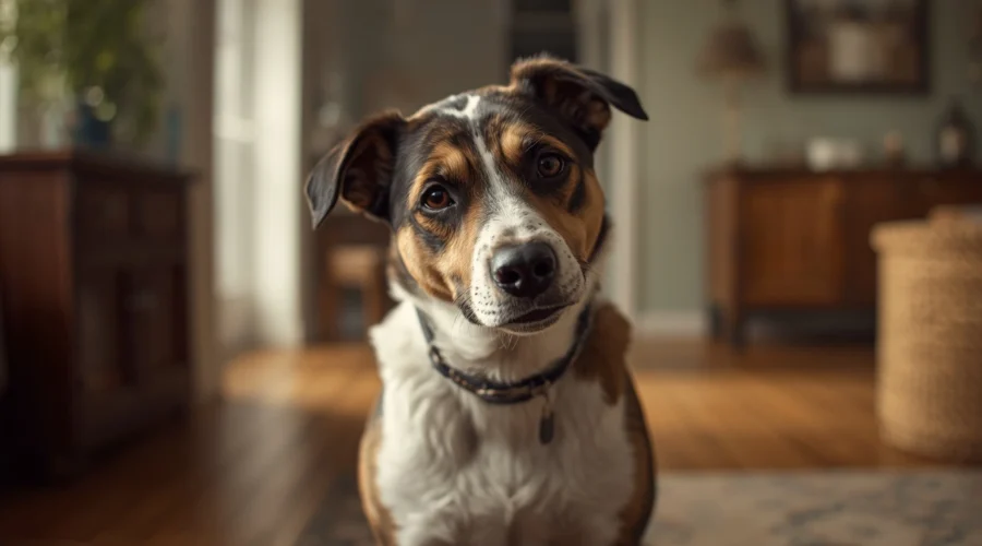 Dog with a slightly tilted head indoors, used for a blog about common reasons dogs keep shaking their head and possible health concerns.