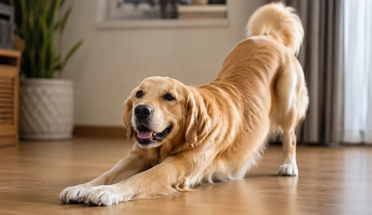 A realistic golden retriever doing a full-body stretch indoors on a wooden floor in a warm home environment.