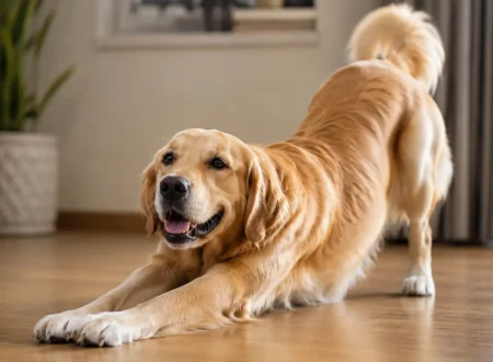 A realistic golden retriever doing a full-body stretch indoors on a wooden floor in a warm home environment.