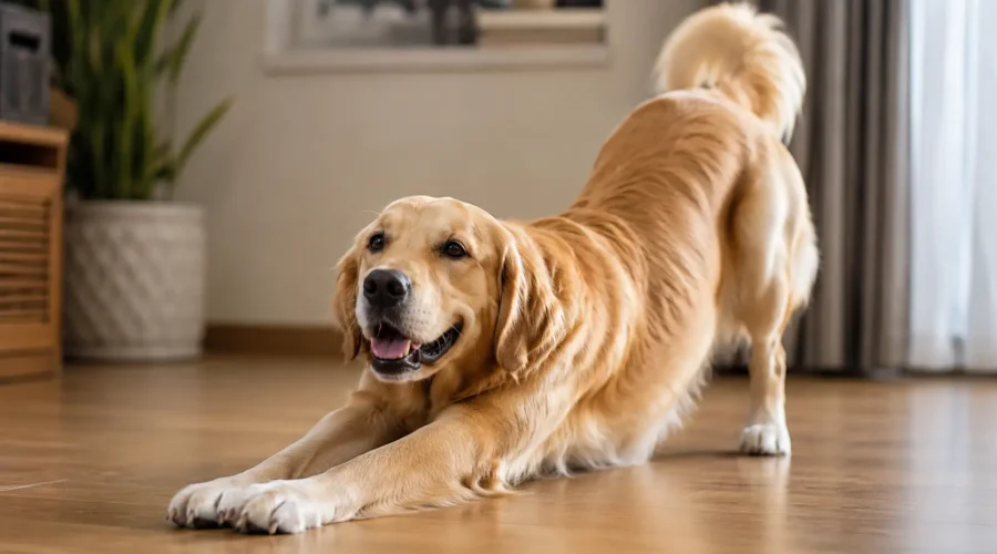 A realistic golden retriever doing a full-body stretch indoors on a wooden floor in a warm home environment.