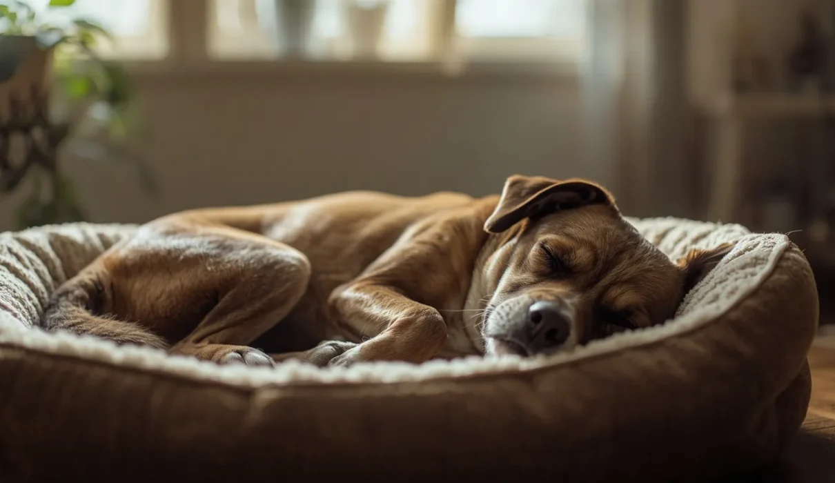 A realistic pet dog sleeping peacefully on a cozy couch indoors with soft blankets, showing a calm and relaxed resting posture.