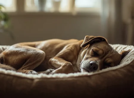A realistic pet dog sleeping peacefully on a cozy couch indoors with soft blankets, showing a calm and relaxed resting posture.