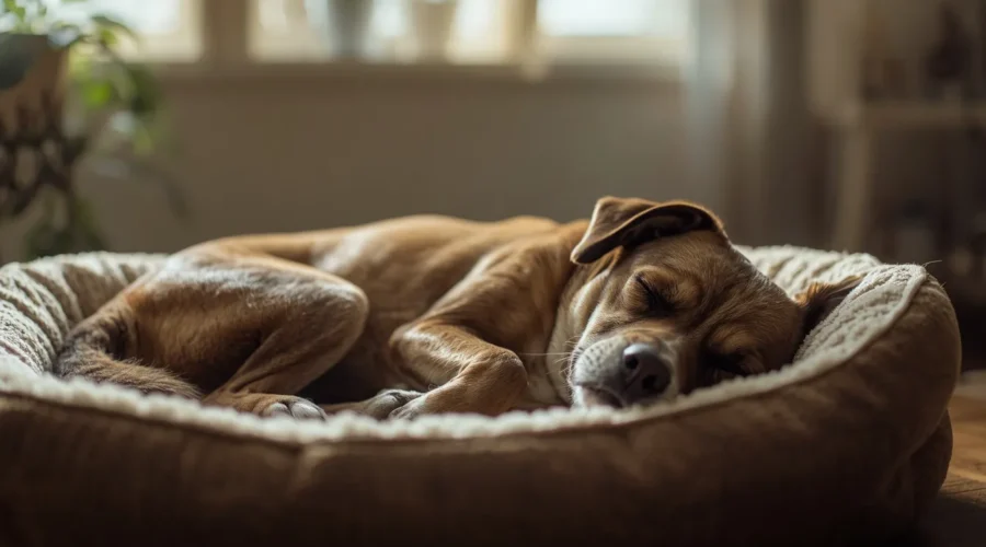 A realistic pet dog sleeping peacefully on a cozy couch indoors with soft blankets, showing a calm and relaxed resting posture.