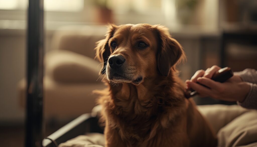 A calm dog being gently brushed indoors in a warm and peaceful home environment.